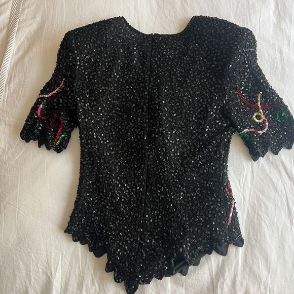 VTG Sz L Lawrence Kazar Silk Sequined New Years 2000 top shoulder pads y2k - Picture 2 of 16